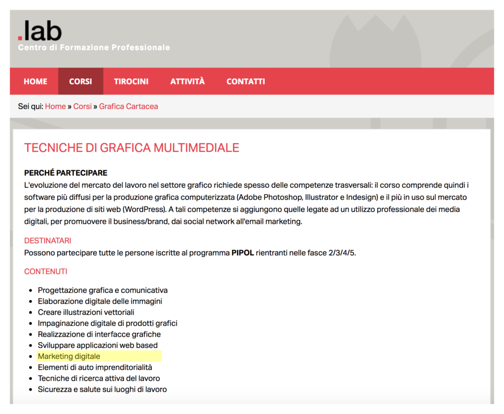 Modulo di Marketing digitale all'interno del corso di Grafica Multimediale al .LAB Udine